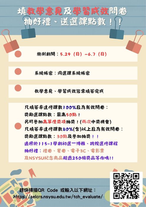 【上網填教學意見及學習成效問卷抽好禮、送選課點數】圖片